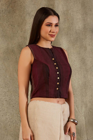 Maroon Cotton Woven Design Sleeveless Blouse