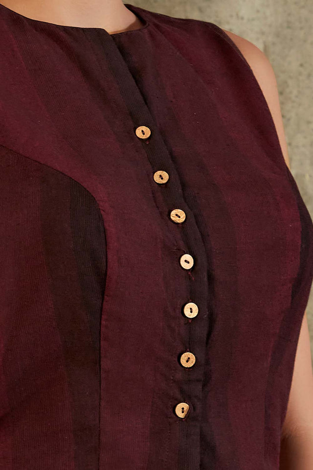 Maroon Cotton Woven Design Sleeveless Blouse