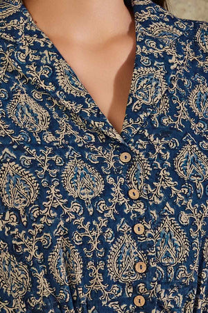 Navy Blue Cotton Printed Three Quarter Sleeves Blouse