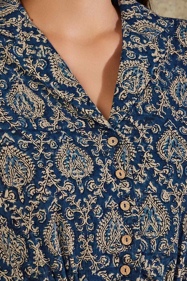 Navy Blue Cotton Printed Three Quarter Sleeves Blouse