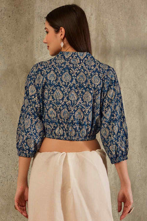 Navy Blue Cotton Printed Three Quarter Sleeves Blouse