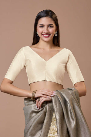 White Solid Silk V Neck Blouse