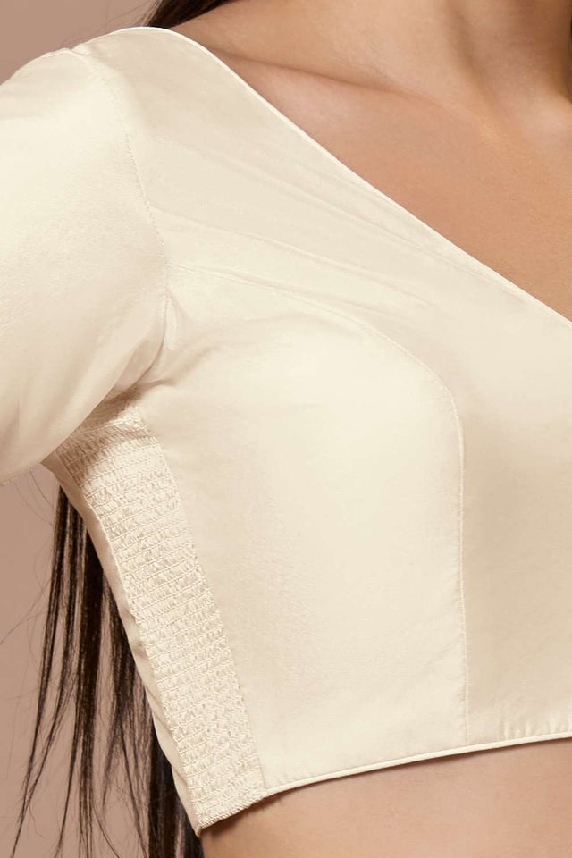 White Solid Silk V Neck Blouse