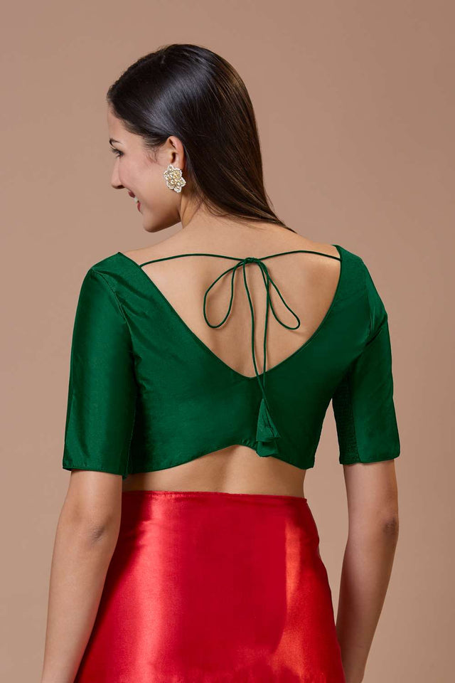 Green Solid Silk V Neck Blouse