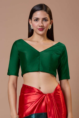 Green Solid Silk V Neck Blouse