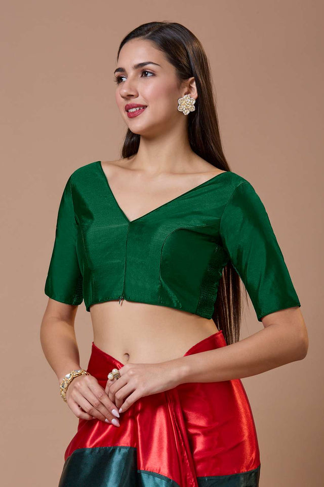 Green Solid Silk V Neck Blouse