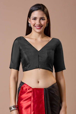 Black Solid Silk V Neck Blouse