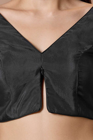 Black Solid Silk V Neck Blouse