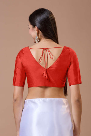 Red Solid Silk V Neck Blouse