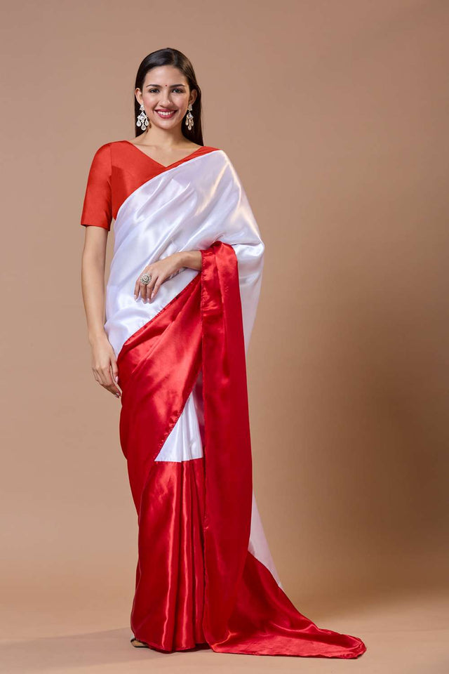 Red Solid Silk V Neck Blouse