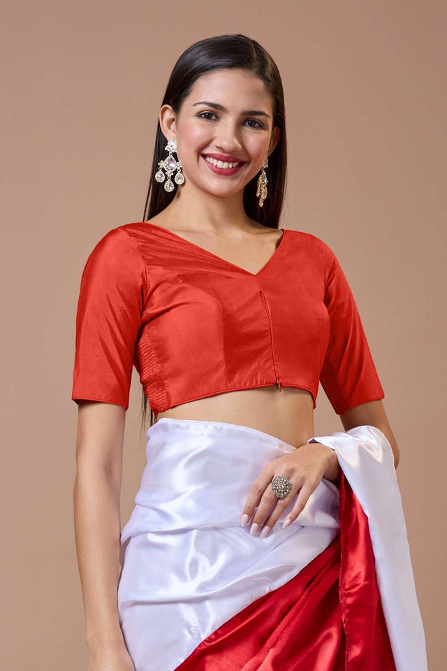 Red Solid Silk V Neck Blouse