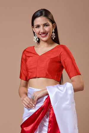 Red Solid Silk V Neck Blouse