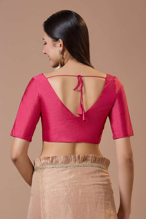Pink Solid Silk V Neck Blouse