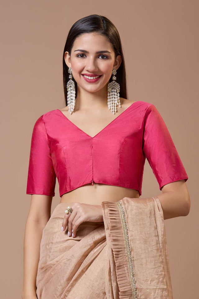 Pink Solid Silk V Neck Blouse