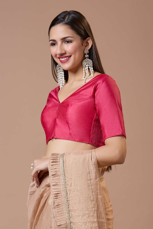 Pink Solid Silk V Neck Blouse