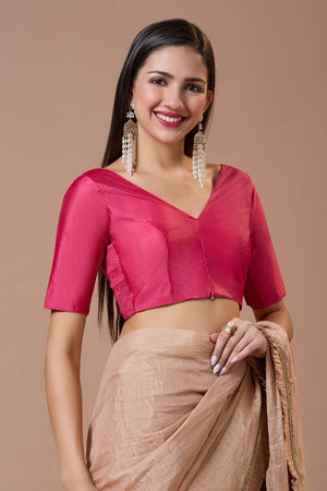 Pink Solid Silk V Neck Blouse