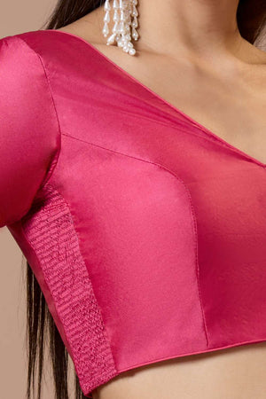 Pink Solid Silk V Neck Blouse
