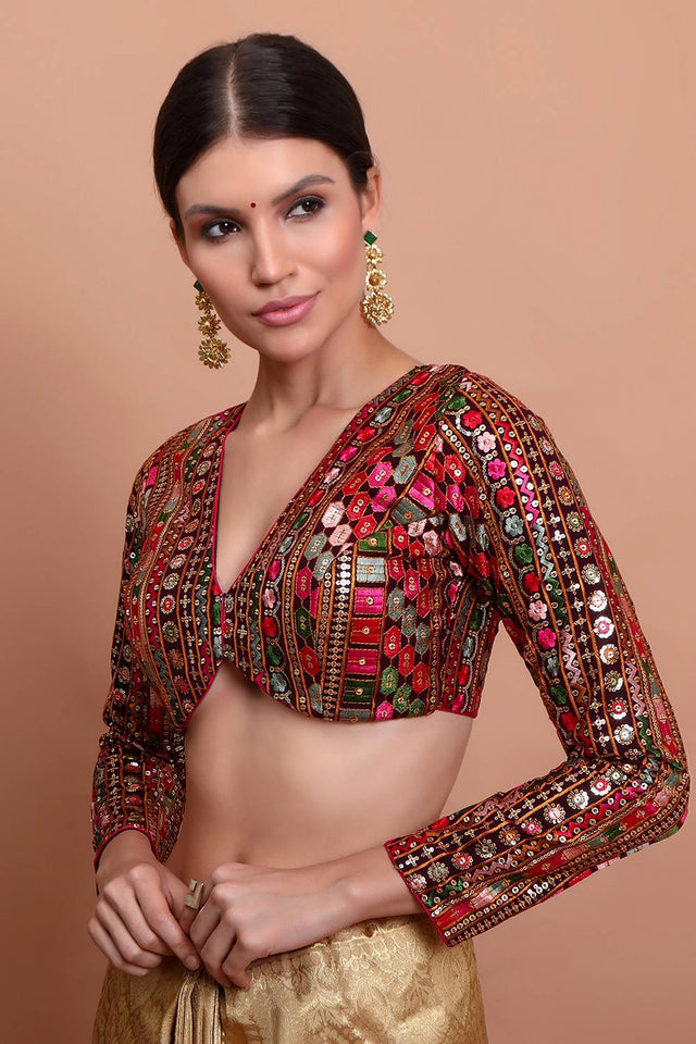 Wine Embroidered Georgette Blouse