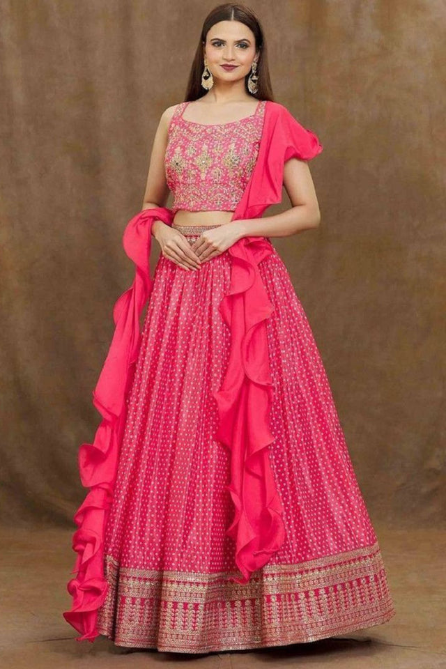 Pink Sequin with Bandhani Printed Silk Lehenga