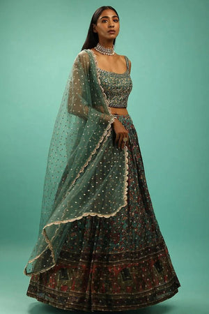Green Sequin with Embroidered Organza Lehenga