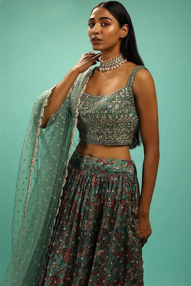 Green Sequin with Embroidered Organza Lehenga