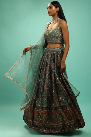 Green Sequin with Embroidered Organza Lehenga