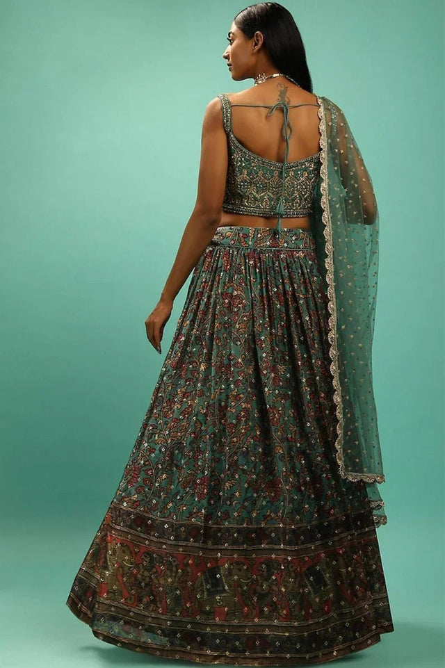 Green Sequin with Embroidered Organza Lehenga
