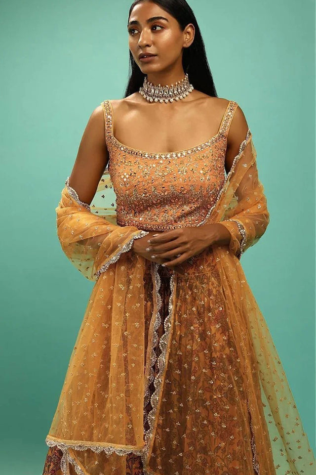 Yellow Sequin with Floral Printed Organza Lehenga