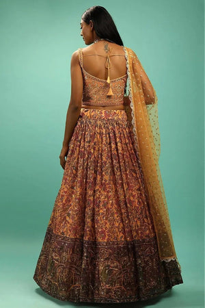 Yellow Sequin with Floral Printed Organza Lehenga