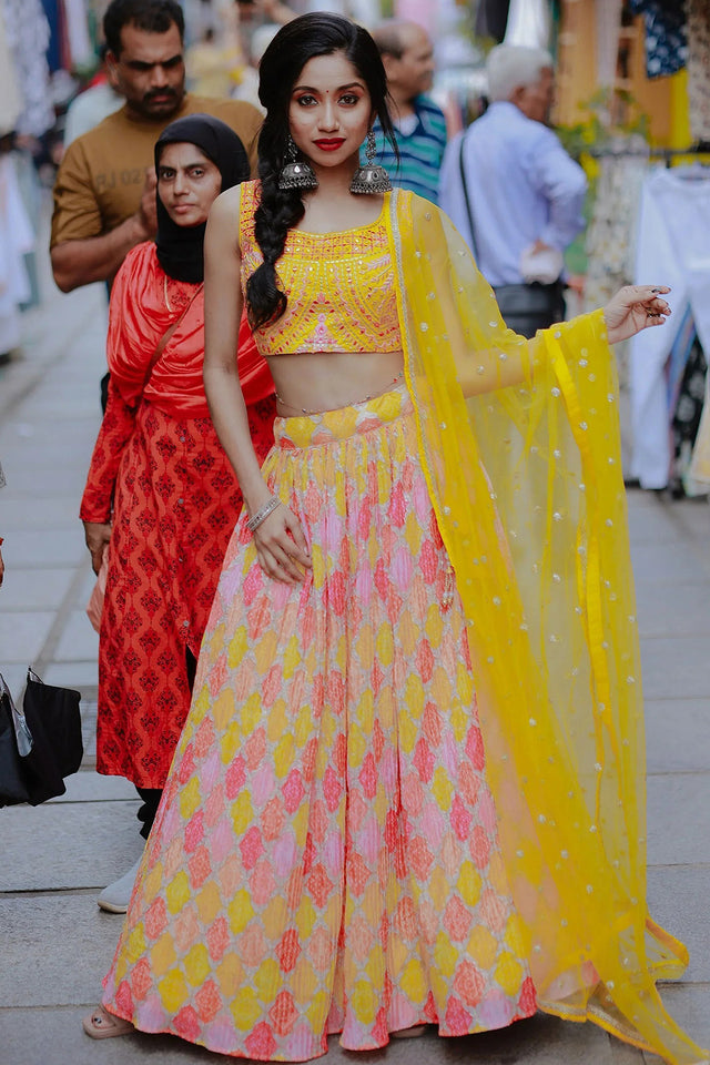 Yellow Sequin with Bandhani Printed Georgette Lehenga
