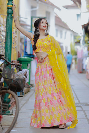 Yellow Sequin with Bandhani Printed Georgette Lehenga