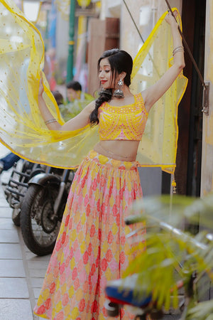Yellow Sequin with Bandhani Printed Georgette Lehenga