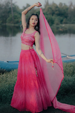 Pink Printed Net Lehenga