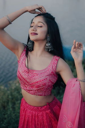 Pink Printed Net Lehenga