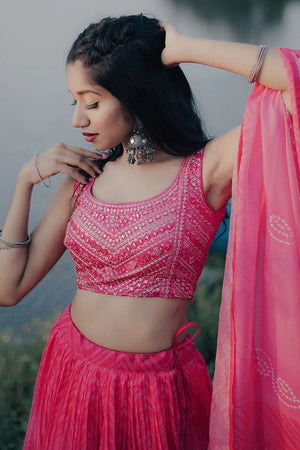 Pink Printed Net Lehenga
