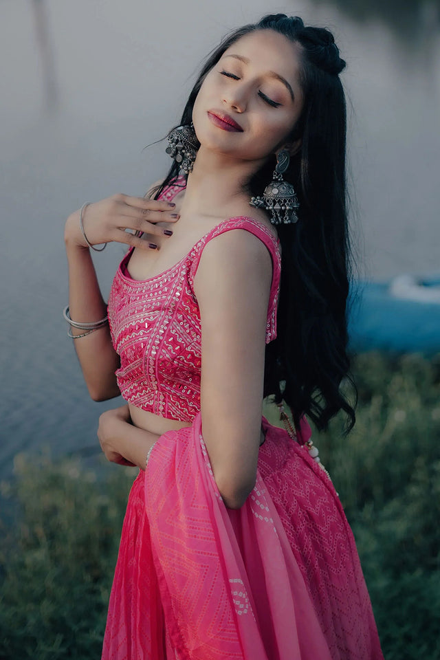 Pink Printed Net Lehenga