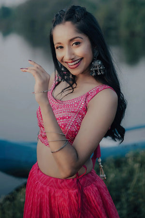 Pink Printed Net Lehenga