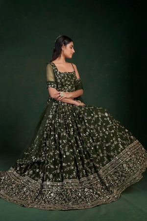Green Sequin Georgette Lehenga