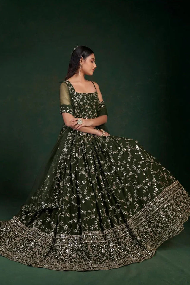Green Sequin Georgette Lehenga