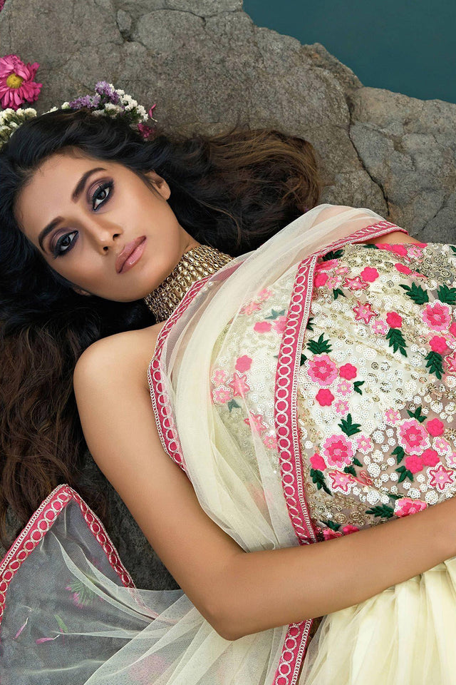 Off White Floral Embroidered Net Lehenga