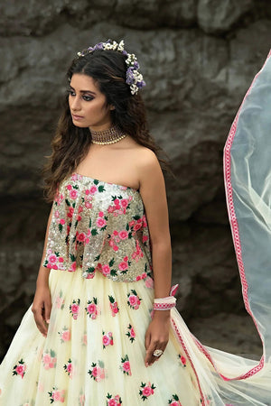 Off White Floral Embroidered Net Lehenga