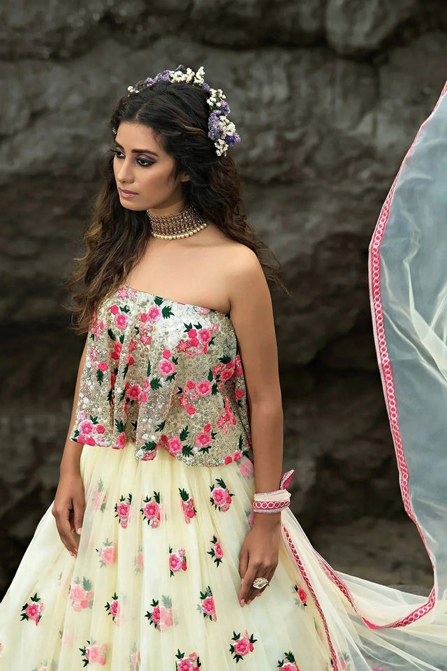 Off White Floral Embroidered Net Lehenga