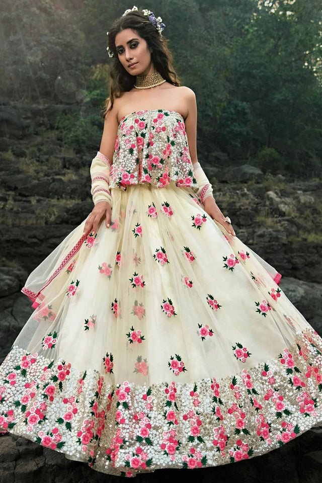 Off White Floral Embroidered Net Lehenga