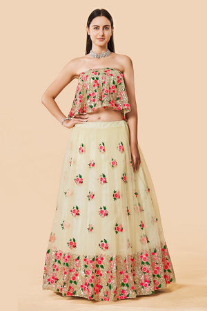 Off White Floral Embroidered Net Lehenga