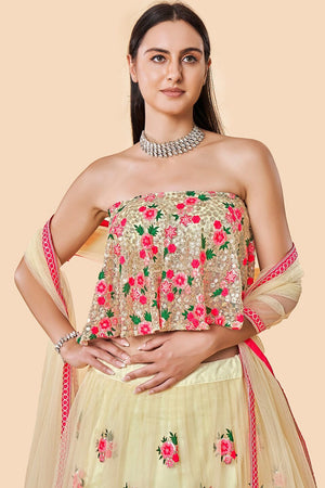 Off White Floral Embroidered Net Lehenga
