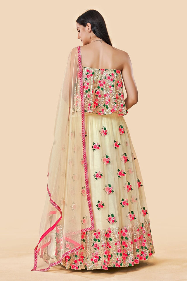 Off White Floral Embroidered Net Lehenga
