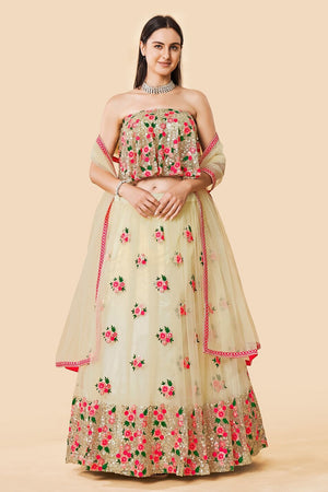 Off White Floral Embroidered Net Lehenga