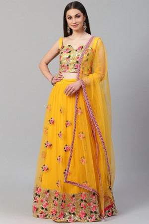 Yellow Floral Embroidered Net Lehenga