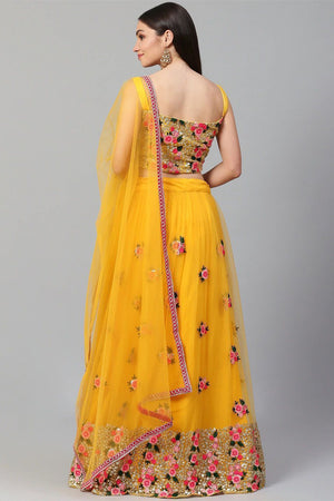 Yellow Floral Embroidered Net Lehenga