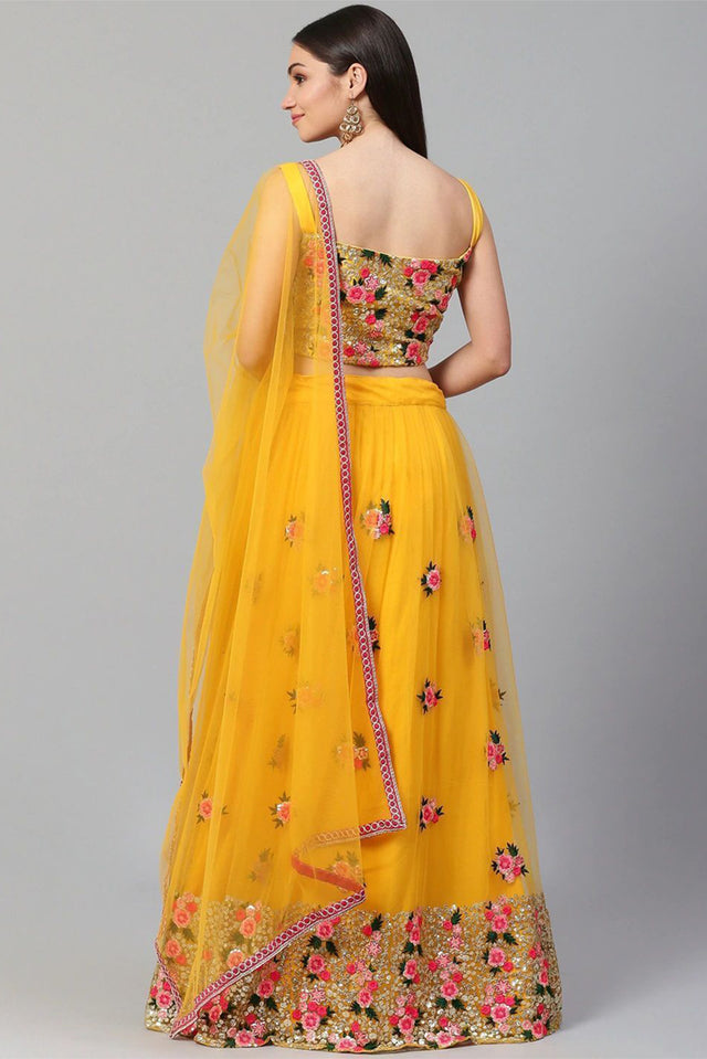 Yellow Floral Embroidered Net Lehenga